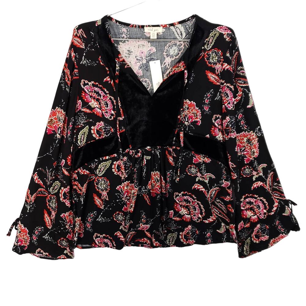 Tribal Blouse Womens Petite Small Black Multi Floral Long Sleeve Neck Tie Top